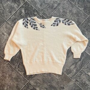 Vintage FRANCO VALERI Lambswool Angora Cream Sweater Sequin Beaded Leaf Design
